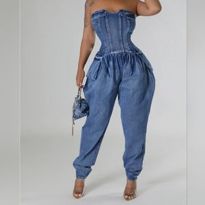 Blue Denim Overall Jumpsuit with Corset Top NWT